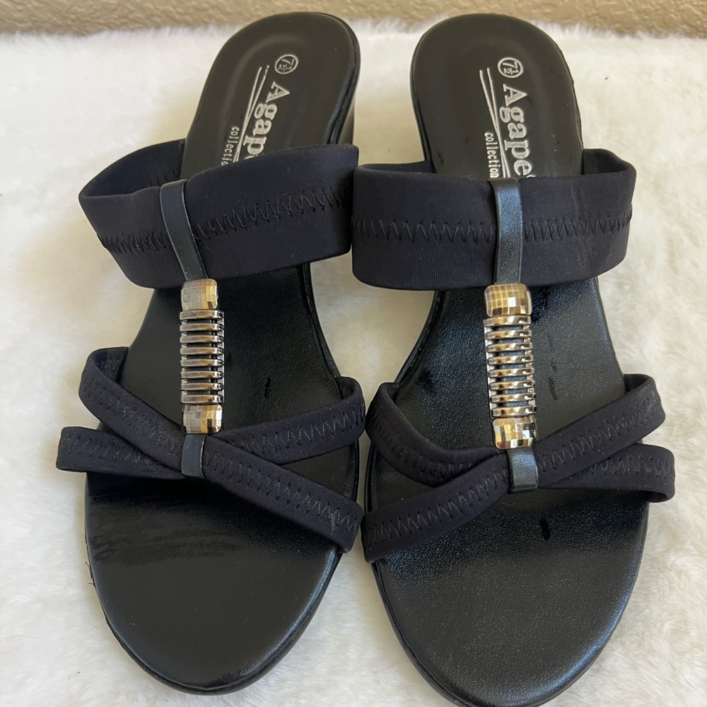 Agape Collection Wedge Slip On Sandals Black  Size 7.5